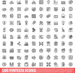 Poster - 100 fintech icons set. Outline illustration of 100 fintech icons vector set isolated on white background