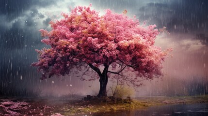 Poster - A pink tree in the middle of a field