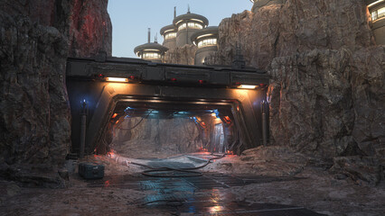 Poster - Fantasy science fiction alien planet outpost space station in a rocky mountain landscape. 3D rendering.