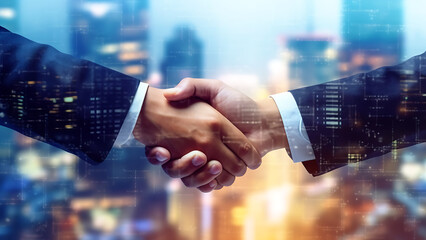 Wall Mural - Double exposure of business handshake of investment deal and city background.