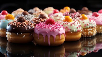 Assorted and collage of delicious glazed donuts, a popular dessert, TOP view,  photo for pastry shop and cafe menu