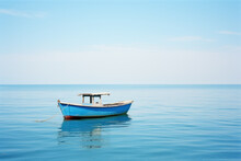 A Boat On A Blue Ocean. Clear Blue Sky. SUmmer. Sunny Weather. Paradise. Holiday, Vacation. Rustic Fishing Boat.