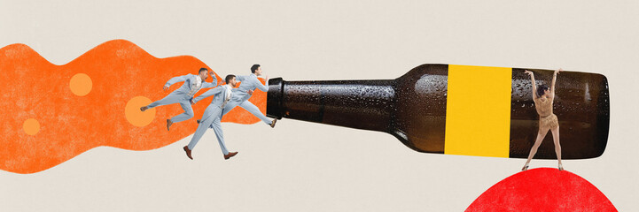 Contemporary art collage with group of young gentleman wearing retro clothes goes to huge bottle of overflowing beer and sexy lady. Ad. Banner