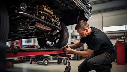 Wall Mural - Car mechanic repairing a car in a garage. Auto service industry.