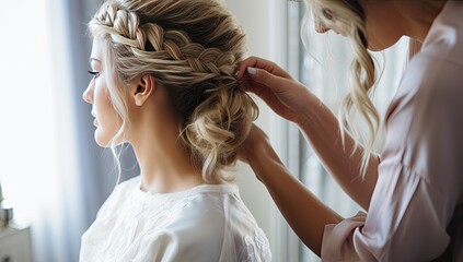 Wedding hairstyle. Blonde bride with her bridesmaids.