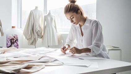 beautiful fashion designer drawing sketches while working at table in sewing studio