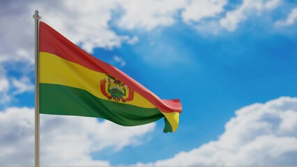 Poster - Bolivia country national flag waving on blue sky background. 3d video footage