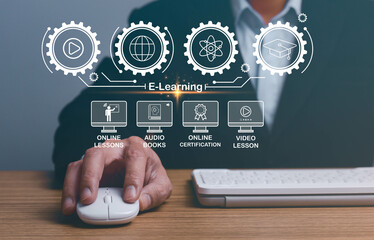 Concept of Online education. man use Online education training and e-learning webinar on internet for personal development and professional qualifications. Digital courses to develop new skills.