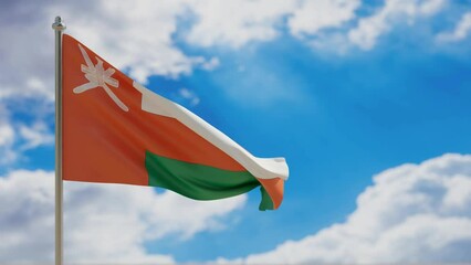 Wall Mural - Oman country national flag waving on blue sky background. 3d video footage