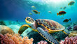 sea ​​turtle underwater with colorful fish