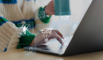 Wall Mural - student use laptop technology internet learning and study online class technology network, e-learnin