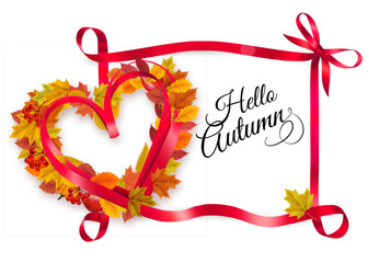 Poster - Autumn colorful forest leaves and a red berries the shape of a heart and red ribbon. Sale Frame. Vector illustration.