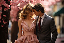 Love Date Walking  In The Spring Pink Flowering  Park