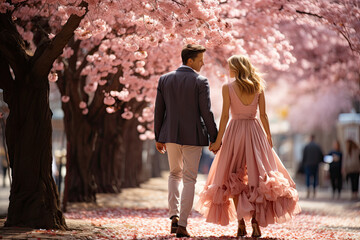 Love date walk in the spring in the pink cherry garden