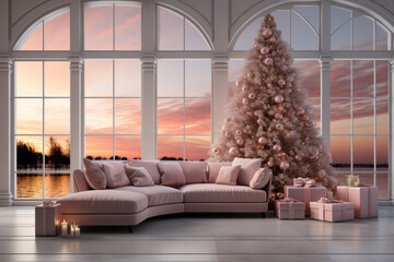 Canvas Print - Cozy living room with pastel pink christmas tree