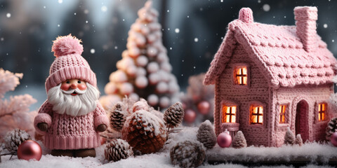 Canvas Print - Handmade knitted pink Santa Claus and house, banner
