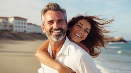 Happy middle-aged couple at a beach, woman hugging man from behind