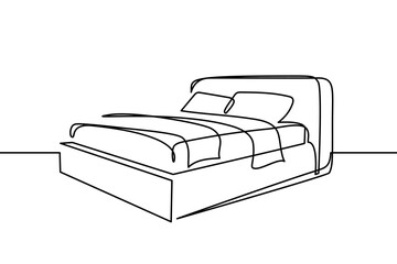 Bed in continuous line art drawing style. Double-size bed with bedding. Home furniture black linear design isolated on white background. Vector illustration