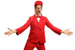 Entertainer in a red suit shouting