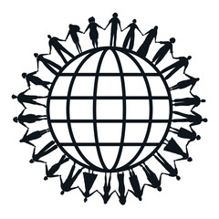 black silhouettes. large group of people. men and women are holding hands, stand around the globe. m