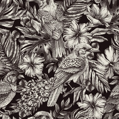 Vintage monochrome tropical seamless pattern with fantasy bird, leaves and flowers