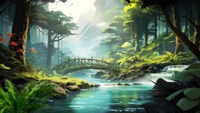 Fantasy Green Forest With Nature Bridge And Beautiful River, Cartoon Watercolor Painting Illustration Video Style.