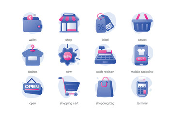 Aufkleber - Shopping icons in a flat cartoon design with blue colors. Shopping attributes such as large packages, labels, discounts are depicted on this white background. Vector illustration.