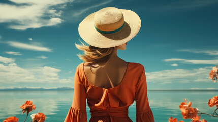 Poster - Woman and fashion at tropical beach background. Generative ai.