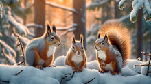 Fluffy Squirrels In A Fabulous Winter Forest.
