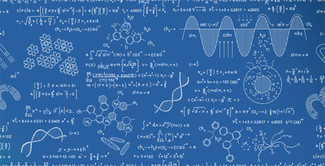 Wall Mural - Seamless mathematical formula about scientific discovery on blue chalkboard.
