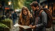 © tongpatong - On the sidewalk, two friends are examining a map..