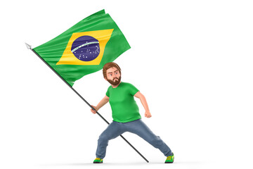 Wall Mural - Man proudly holding flag of Brazil. Isolated on white background. 3D Rendering