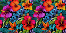 Seamless pattern with brightly colored Hawaiian style tropical hibiscus blooms. Concept: Vivid island floral elements