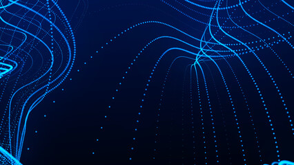 Poster - Dynamic wave of glowing particles. Data flow information. Concept of digital communication. Technology or Science Banner. Big data visualization. 3D rendering.