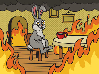 Rabbit hare bunny in fire meme This is fine pinup pop art retro vector illustration. Comic book style imitation.