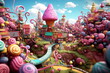 Dessert sweets city. Sweet caramel fairy house. Illustration in cartoon style. Picture for children