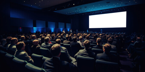 A crowd of spectators in a dark conference room is watching the presentation.