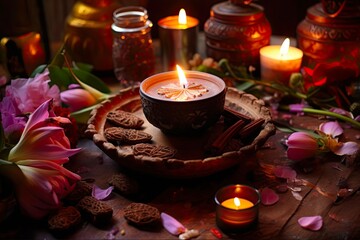 Cacao Ceremony: Heart-Opening Medicine in the Serene Space. Image Featuring Altar, Flowers, Candles, Cup & Organic Food to Create Divine Ambiance: Generative AI