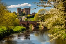 Ludlow Castle Overlooking Bright Sunny Day With River Teme And Surrounding Trees In Spring: Generative AI