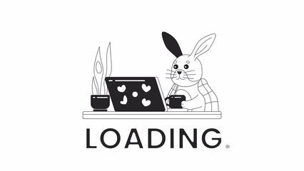 Poster - Cute rabbit drinking tea at laptop black and white loading animation. Fluffy bunny holds cup outline 2D cartoon character 4K video loader motion graphic. Anime kawaii animal. Cozy waiting animated gif