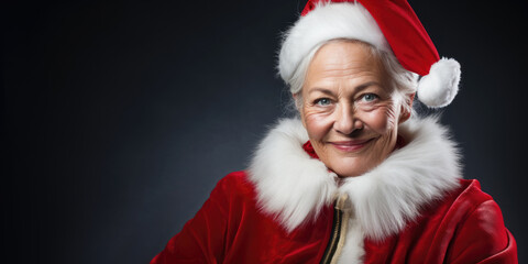 mrs. santa or lady santa claus wishing merry christmas