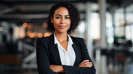 a horizontal layout of an ethnic businesswoman CEO, confident, smiling, arms crossed with a business office background and space for a copy in a Business-themed JPG format. Generative AI