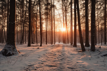 Wall Mural - Forest landscape with the sun setting on the Winter Solstice