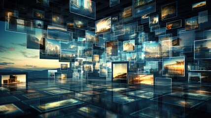 many screen displays displaying information and tv channels broadcasting