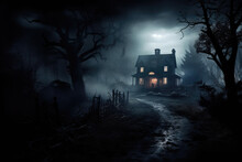 Spooky Haunted House With Eerie Lights And Fog