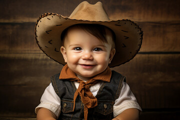 Wall Mural - Funny baby boy wearing a cowboy costume Generative AI picture