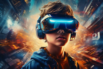 Poster - generative ai collage photo of guy gamer using device gadget for virtual reality simulation