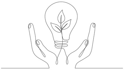 Poster - Lightbulb with leaf in hands continuous line drawing. Arms holding sprout with leaves inside lamp. Linear eco symbol. Vector illustration isolated on white.