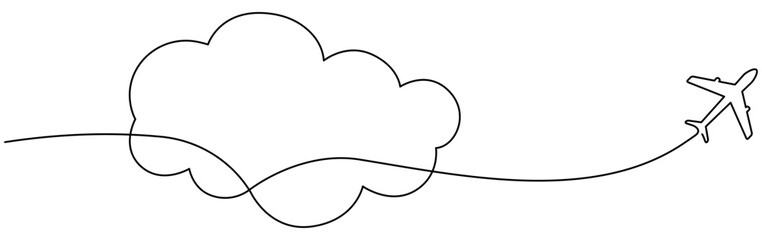 Poster - Airplane with cloud continuous one line drawn. Flying plane in sky. Travel linear symbol. Vector illustration isolated on white.