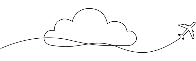 Poster - Airplane with cloud continuous one line drawn. Flying plane in sky. Travel linear symbol. Vector illustration isolated on white.